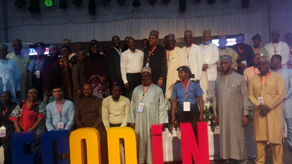 Stakeholders in a group photograph at the launch of the "Enhancing Coordination Systems for Disaster Response in Nigeria" (ECODiN) program in Abuja on Thursday, October 10.  [Pulse Nigeria/Segun Adeyemi]
