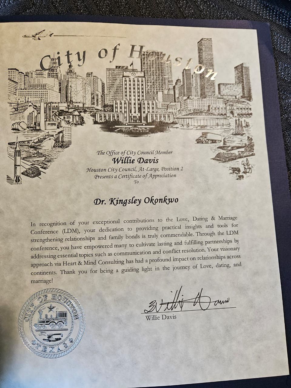 City of Houston Certificate of Appreciation