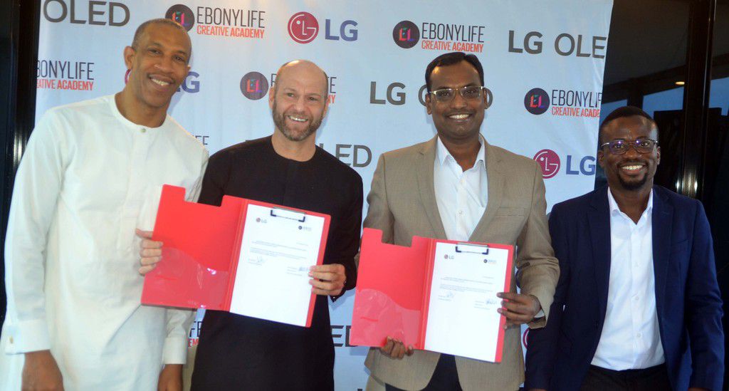 L-R: General Manager, Ebonylife Place, Mr. Michael Williams, Head of the Ebonylife Creative Academy, Mr. Drikus Volschenk,  Head Corporate Marketing, LG Electronics, Hari Elluru, Marketing Manager, LG Electronics, Mr. Paul Mba at the  LG Electronics an...