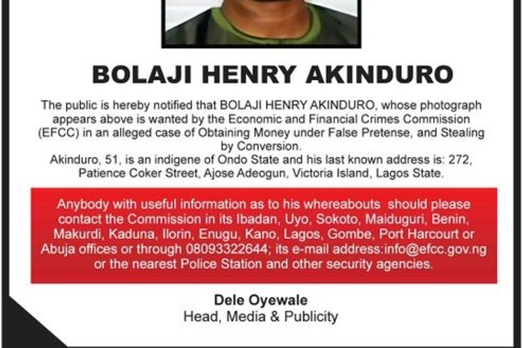 EFCC declares chairman of Total Grace Oil, Akinduro wanted for alleged fraud