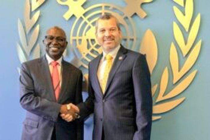 Director General of the Nigerian Maritime Administration and Safety Agency (NIMASA), Dr. Dayo Mobereola (left), and Secretary General of the International Maritime Organization (IMO), Arsenio Dominguez, during a meeting at the IMO headquarters in Londo...