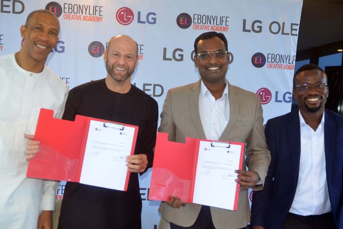 L-R: General Manager, Ebonylife Place, Mr. Michael Williams, Head of the Ebonylife Creative Academy, Mr. Drikus Volschenk,  Head Corporate Marketing, LG Electronics, Hari Elluru, Marketing Manager, LG Electronics, Mr. Paul Mba at the  LG Electronics an...