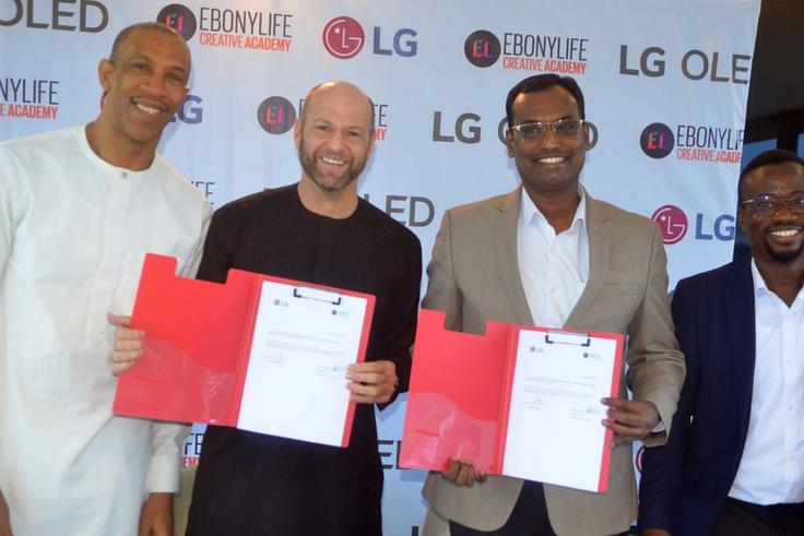 L-R: General Manager, Ebonylife Place, Mr. Michael Williams, Head of the Ebonylife Creative Academy, Mr. Drikus Volschenk,  Head Corporate Marketing, LG Electronics, Hari Elluru, Marketing Manager, LG Electronics, Mr. Paul Mba at the  LG Electronics an...