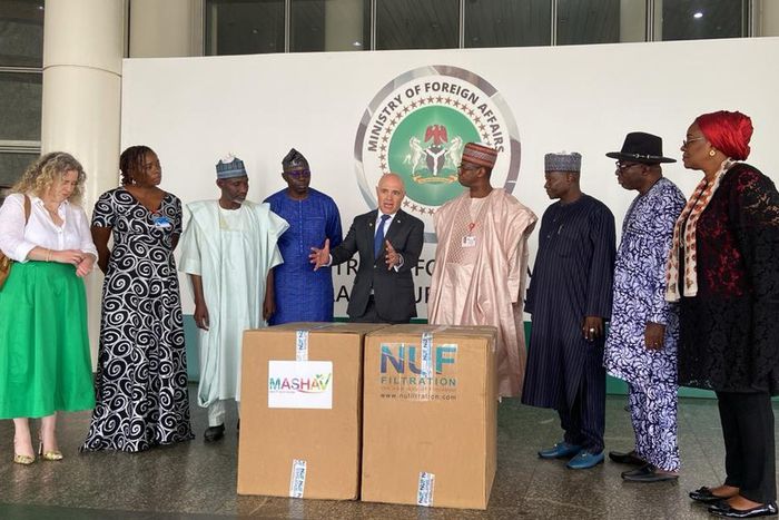 Amb. Michael Freeman donating water machines at the Ministry of Foreign Affairs on Friday in Abuja [NAN]