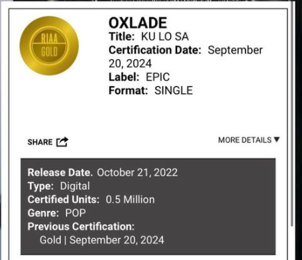 Oxlade earns first RIAA certification with his global smash hit