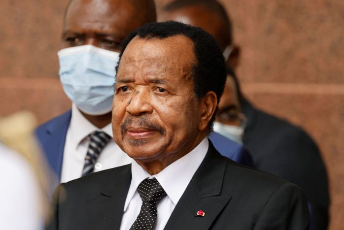Cameroon's President Paul Biya waits for the arrival of France's President Emmanuel Macron (unseen) for talks at the Presidential Palace in Yaounde, on July 26, 2022. [Getty Images]
