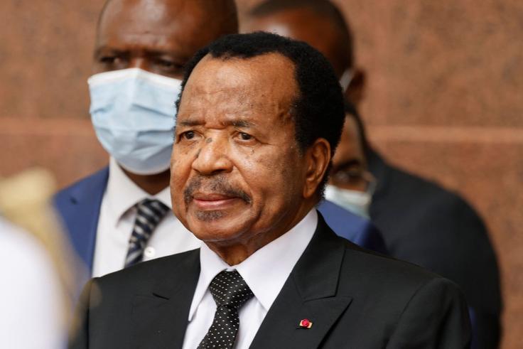 Cameroon's President Paul Biya waits for the arrival of France's President Emmanuel Macron (unseen) for talks at the Presidential Palace in Yaounde, on July 26, 2022. [Getty Images]