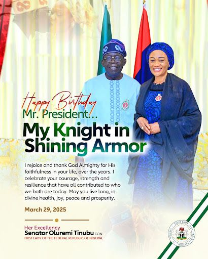 My knight in shining armor - First Lady lavishes praise on Tinubu on 73rd birthday