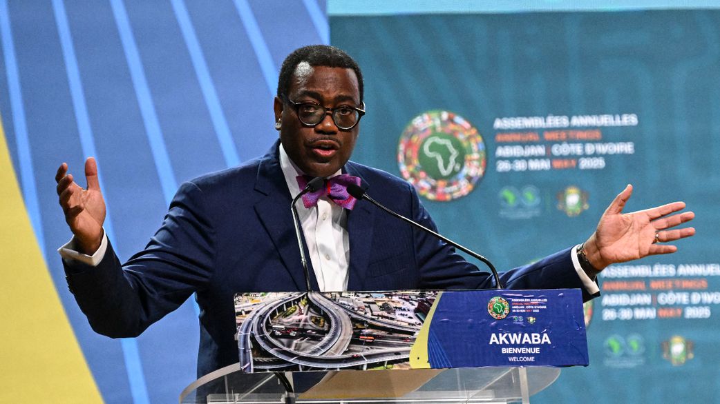 Akinwumi Adesina, the outgoing president of African Development Bank (AFDB) delivers his farewell remarks during the African Development Bank group annual meeting opening ceremony in Abidjan on May 27, 2025. [ISSOUF SANOGO/Getty Images]