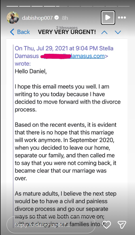 Daniel Ademinokan refutes Stella Damasus’ divorce revelation, citing past abuse and email proof