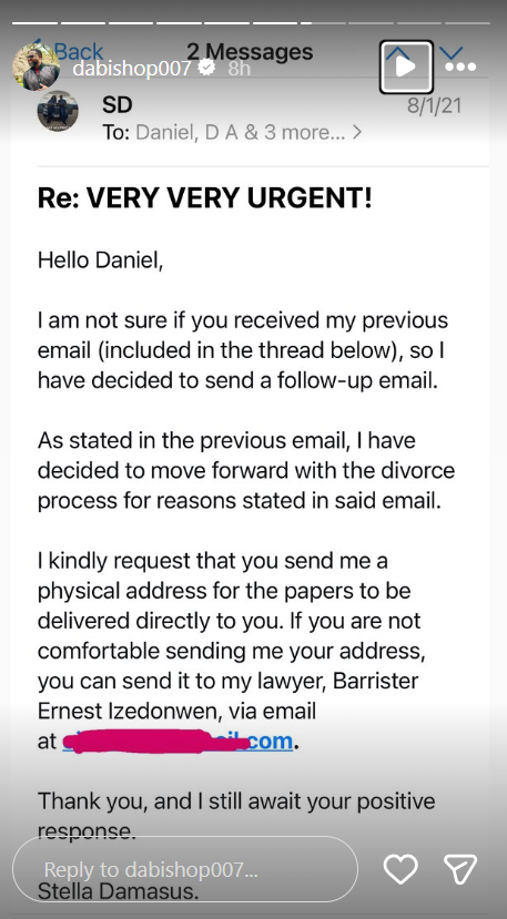 Daniel Ademinokan refutes Stella Damasus’ divorce revelation, citing past abuse and email proof