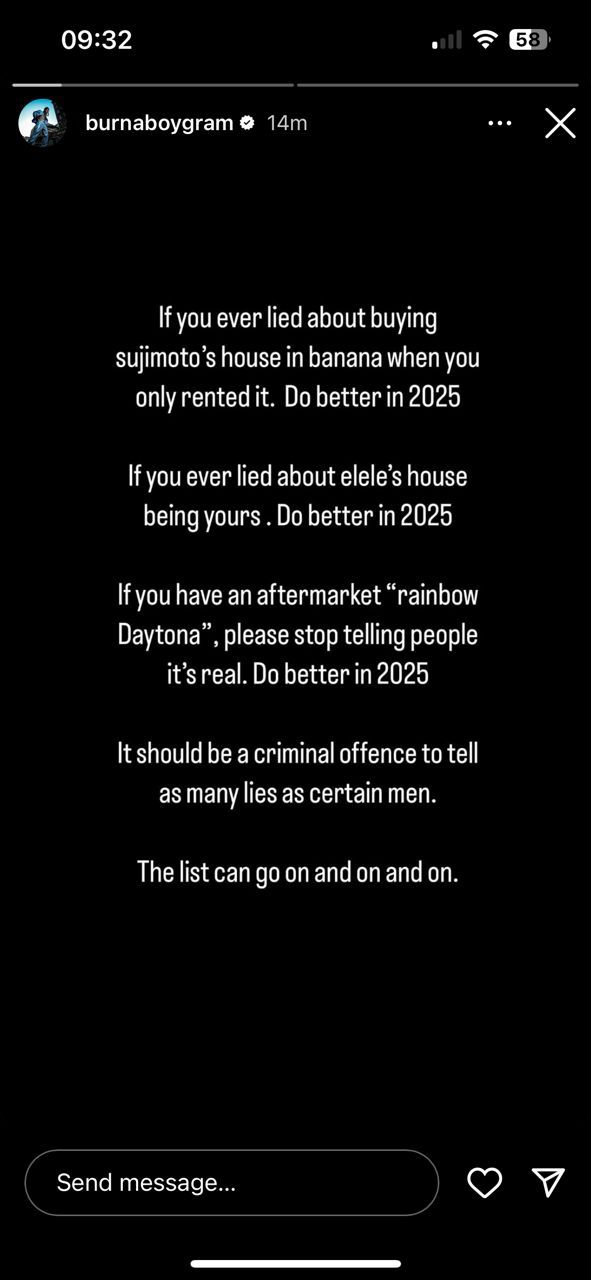 Burna Boy asks his colleagues to stop living fake lives in 2025