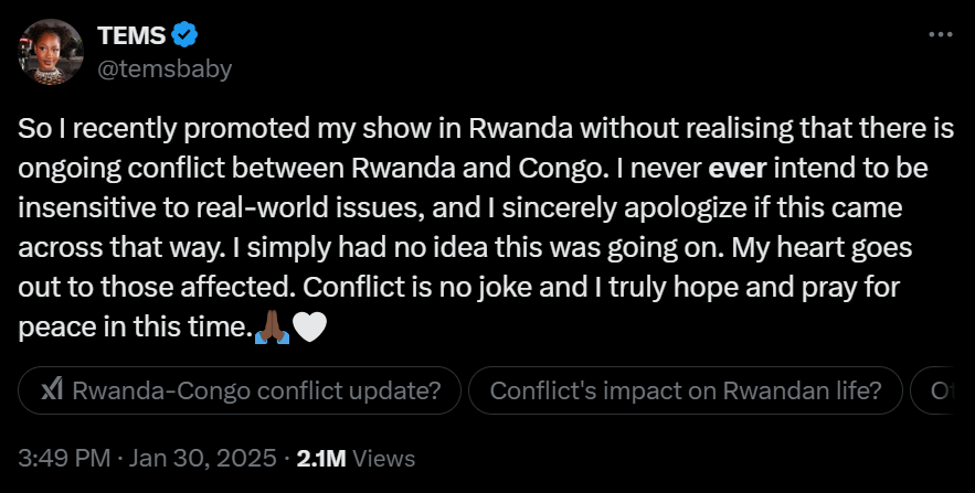 Tems cancels Rwanda concert amidst tensions with DR Congo