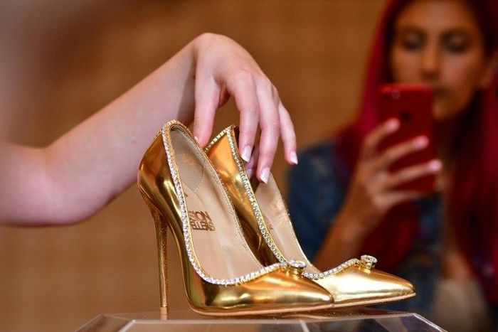 A pair of shoes worth $17 million goes on display at Burj Al Arab in Dubai on September 26, 2018