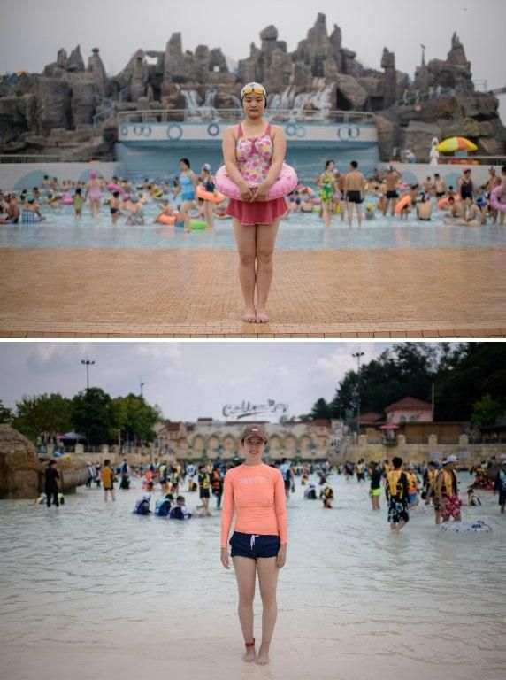 Ri Song Hui (21, top) at the Munsu Water Park in Pyongyang and Kwon Ye Seul (30, bottom) at the Carribean Bay water park south of Seoul