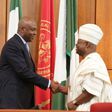 Senate President Bukola Saraki welcoming Senator Ademola Adeleke to the National Assembly on Wednesday, July 12, 2017