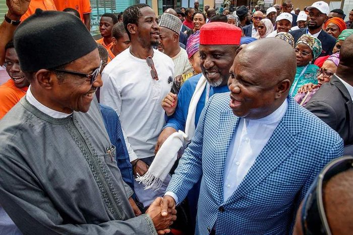 President Muhammadu Buhari (left) with Lagos State governor, Akinwunmi Ambode