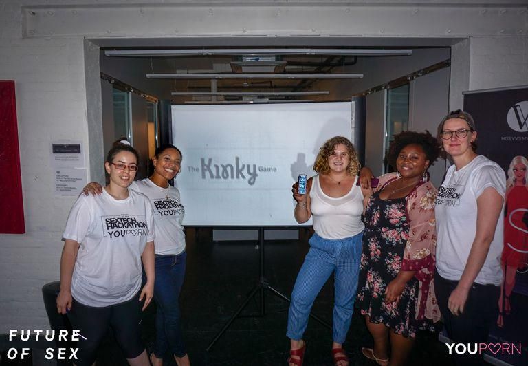 Hackathon attendees Bianca, Leslie, Mariella, Jess & Miryam presenting their pitch for the SexTech Hackathon.