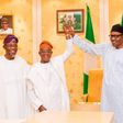 L-R: Governor Rauf Aregbesola, Gboyega Oyetola and President Muhammadu Buhari