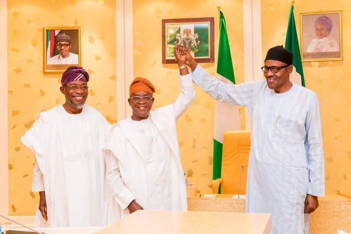 L-R: Governor Rauf Aregbesola, Gboyega Oyetola and President Muhammadu Buhari