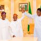L-R: Governor Rauf Aregbesola, Gboyega Oyetola and President Muhammadu Buhari