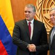 President Ivan Duque of Colombia (L) is greeted by United Nations Secretary-General Antonio Guterres on September 24, 2018 at UN headquaters in New York