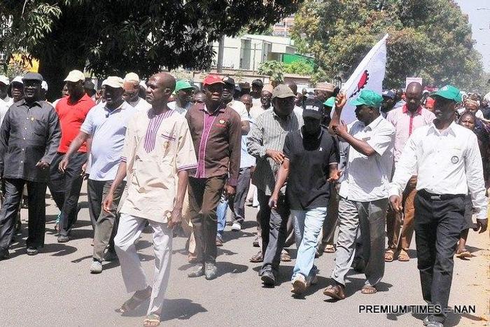 NLC leaders lead Kaduna teachers in protest against government decision to sack 21,780 teachers over competency test