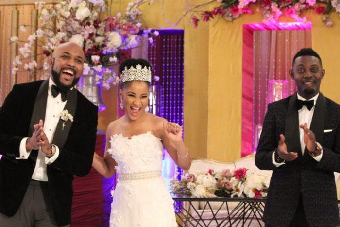 Banky W, Adesua Etomi and AY Makun in "The Wedding Party"