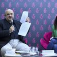 The director of Amnesty International Spain, Esteban Beltran (L), and the director of international justice policy at Amnesty International Argentina, Mariana Fontura Marques, present a report on violence in Venezuela