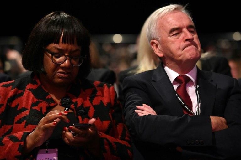 John McDonnell, seen here next to Shadow Home Secretary Diane Abbott on Tuesday, went off message on Brexit