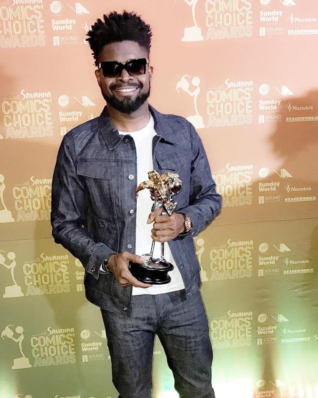 Basketmouth, winner of the Savanna Pan-African Comic Award category at the 2017 Savannah Comic Choice Awards held at the Lyric Theatre in Johannesburg, South Africa.