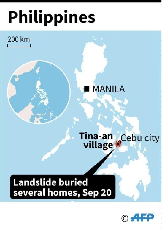 Map of the Philippines locating landslide in Tina-an village, near Cebu city