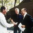 Jimmy Carter with Egypt's Anwar Sadat (left) and Israel's Menachem Begin (right) on September 6, 1978 at Camp David