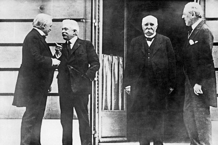 On January 18, 1919 in Paris, Britain's David Lloyd George (L), Italy's Vittorio Orlando (2nd L), France's Georges Clemenceau (2nd R) and US's Thomas Woodrow Wilson