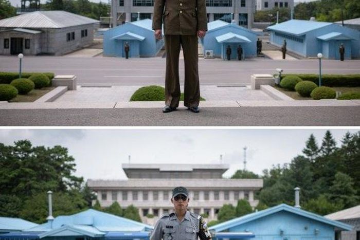 Lieutenant Kim (top) and Corporal Woo (bottom) pose for portraits on either side of the Panmunjom truce village