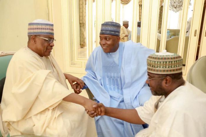 Former President Ibrahim Babangida (L), Bukola Saraki (M)
