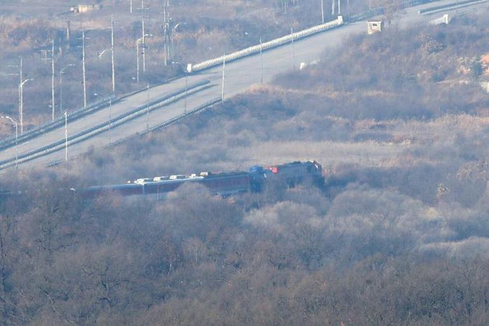 A South Korean train left Dorasan station Friday and crossed into North Korea