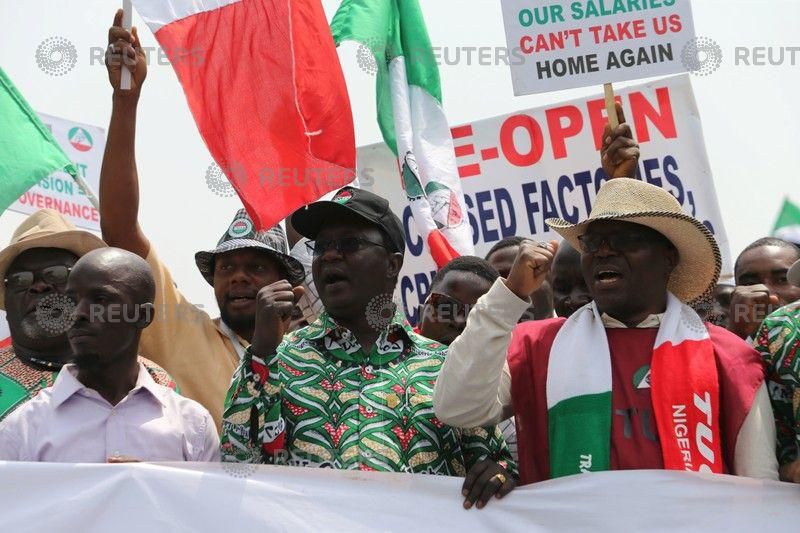 A president of the Nigeria Labour Congress Ayuba Philibus Wabba leads anti-government protesters during a march in Abuja, NigeriaFebruary 9, 2017.