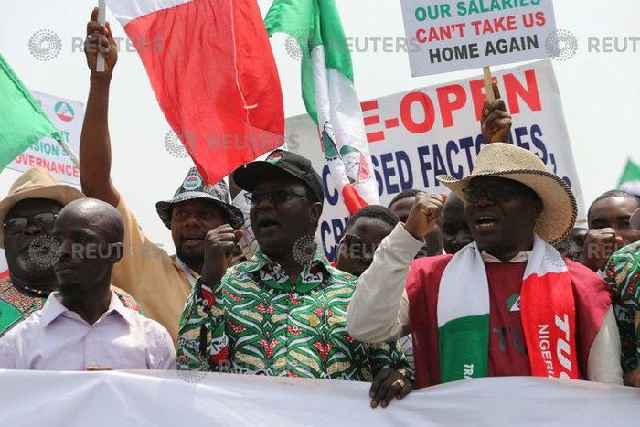 A president of the Nigeria Labour Congress Ayuba Philibus Wabba leads anti-government protesters during a march in Abuja, NigeriaFebruary 9, 2017.