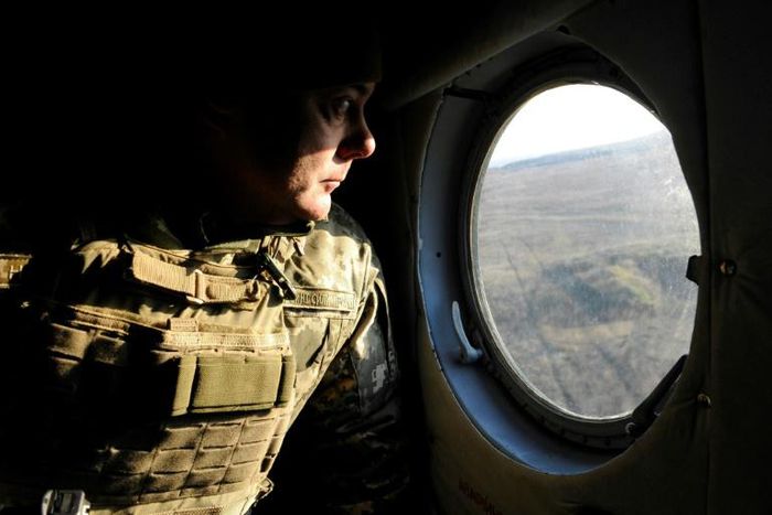 Lieutenant-general Sergiy Nayev, commander of the operation against Russian-backed rebels in eastern Ukraine, observes from his helicopter military drills near Urzuf village not far from the city of Mariupol