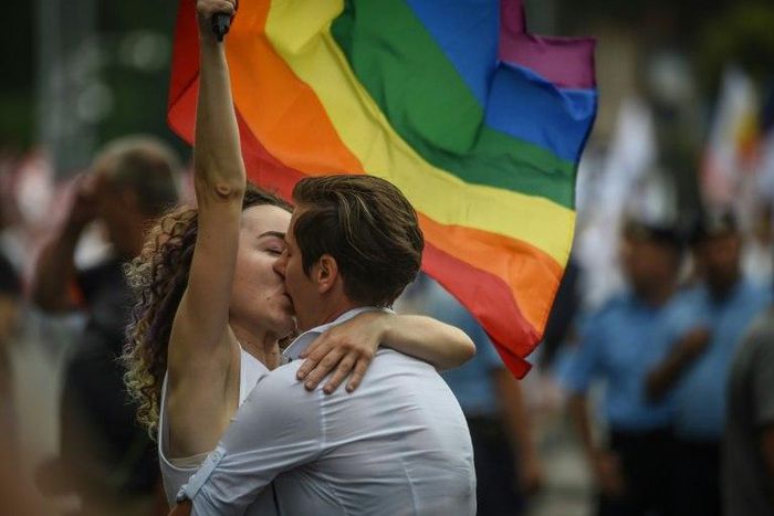 Romania's constitutional court said gay couples (pictured June 2018) have the same rights to a private life and a family life as heterosexuals and thus should benefit from legal "recognition of their rights and obligations"