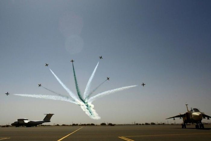 Planes take part in a flyover during a joint Sudanese-Saudi air force drill at the Marwa air base around 350 kilometres north of Khartoum on April 9, 2017