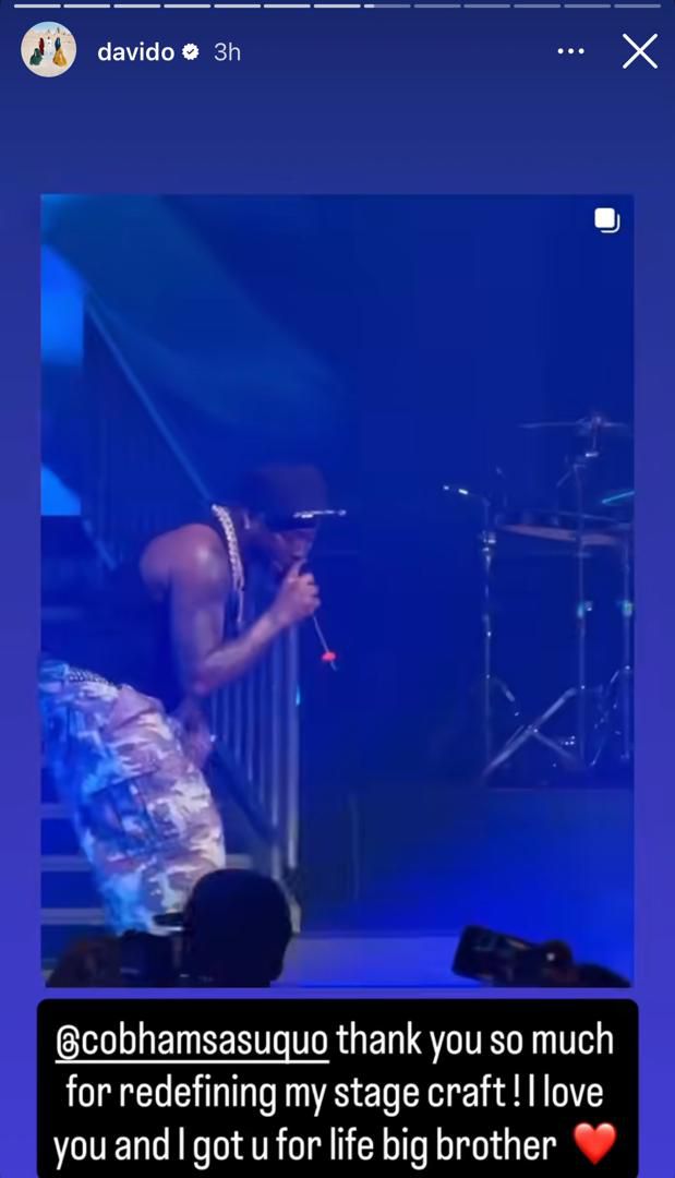 Davido thanks Cobhams Asuquo for redefining his stage craft