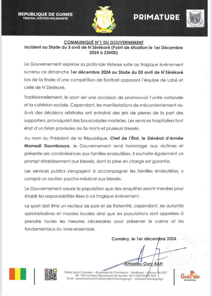 Bousculade au stade de N’Zérékoré : le bilan monte à 56 morts