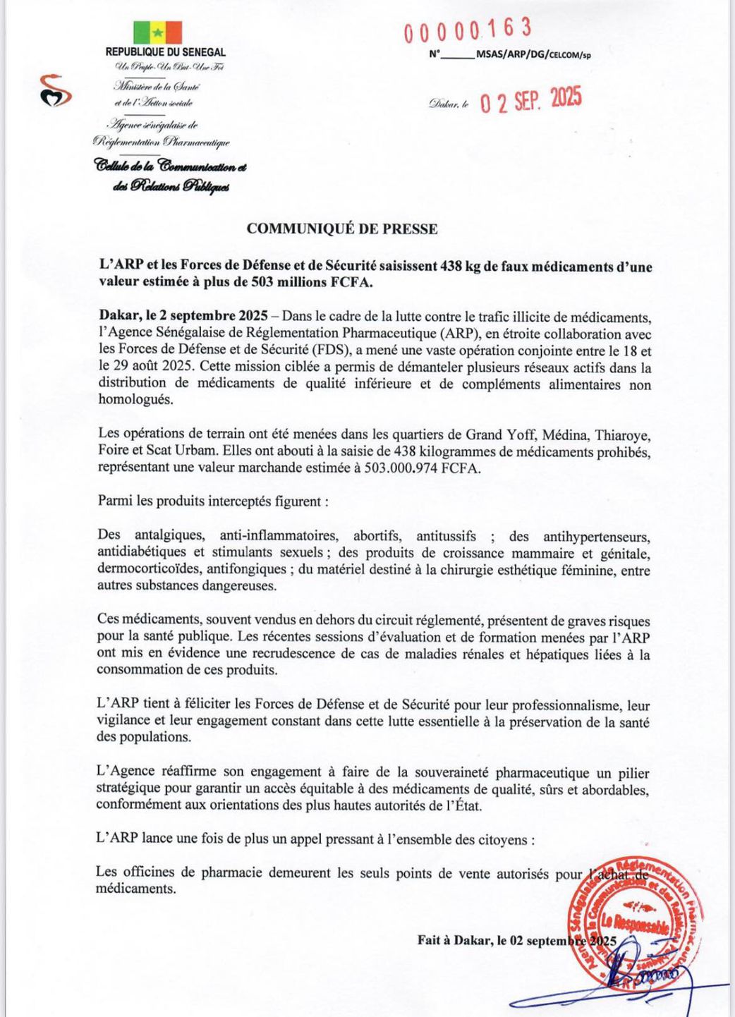 438 kg de faux médicaments d'une contrevaleur d'1/2 milliard CFA saisis