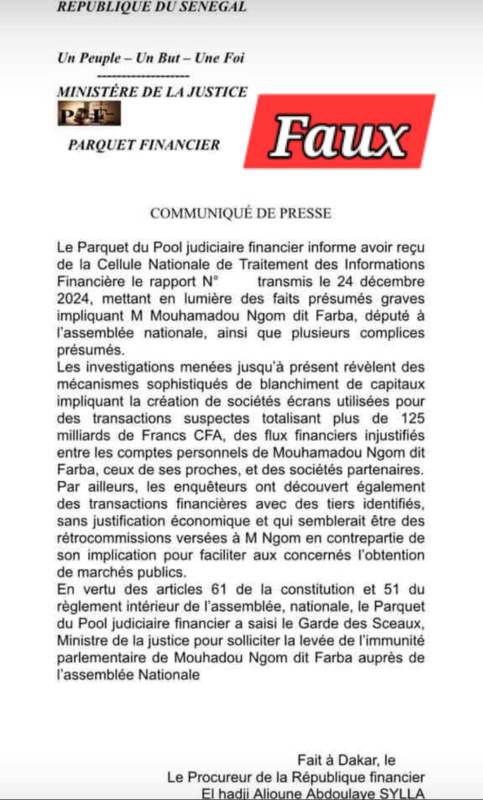 Le parquet financier a bien demandé la levée de l'immunité parlementaire de Farba Ngom