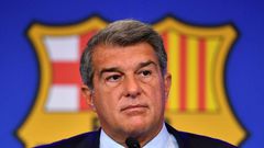 Facing a tricky future: Cub president Joan Laporta laid Barcelona's problems at a press conference
