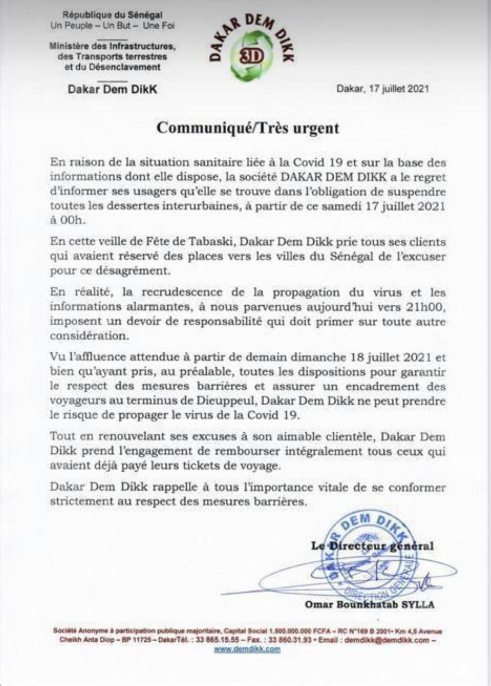 communiqué Dakar Dem Dikk