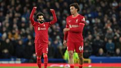 Derby delight: Mohamed Salah (left)scored twice as Liverpool beat Everton