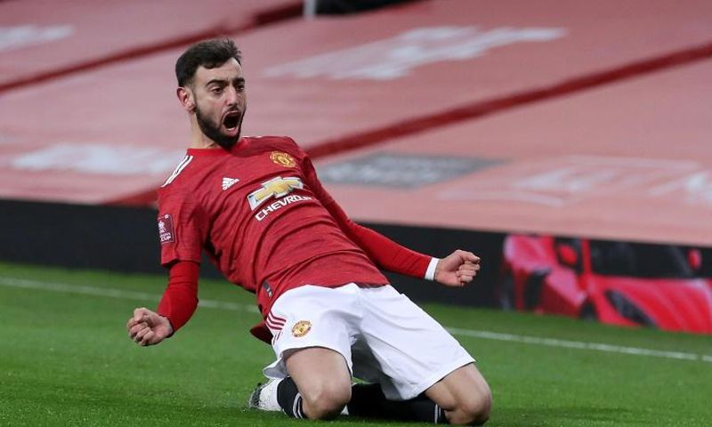 Match winner: Bruno Fernandes's free-kick edged a thrilling FA Cup tie 3-2 for Manchester United over Liverpool